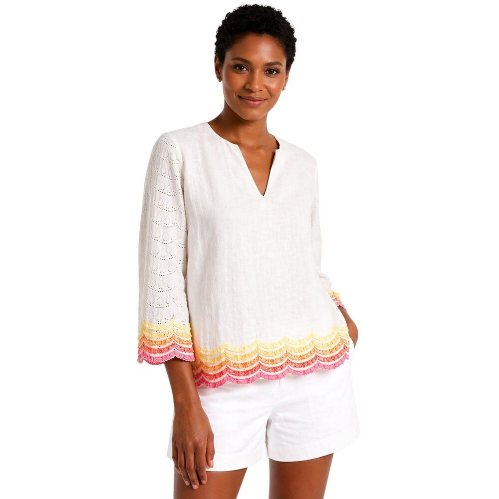 NWT Trina Turk Eyelet Lace Top Size Large 3/4 Sleeve White Scalloped Trim Boho
